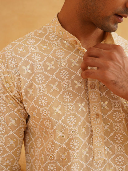 Men's Beige Band Collar Cotton Kurta with Ethnic Motifs & Embroidered Thread Work | Indiaista