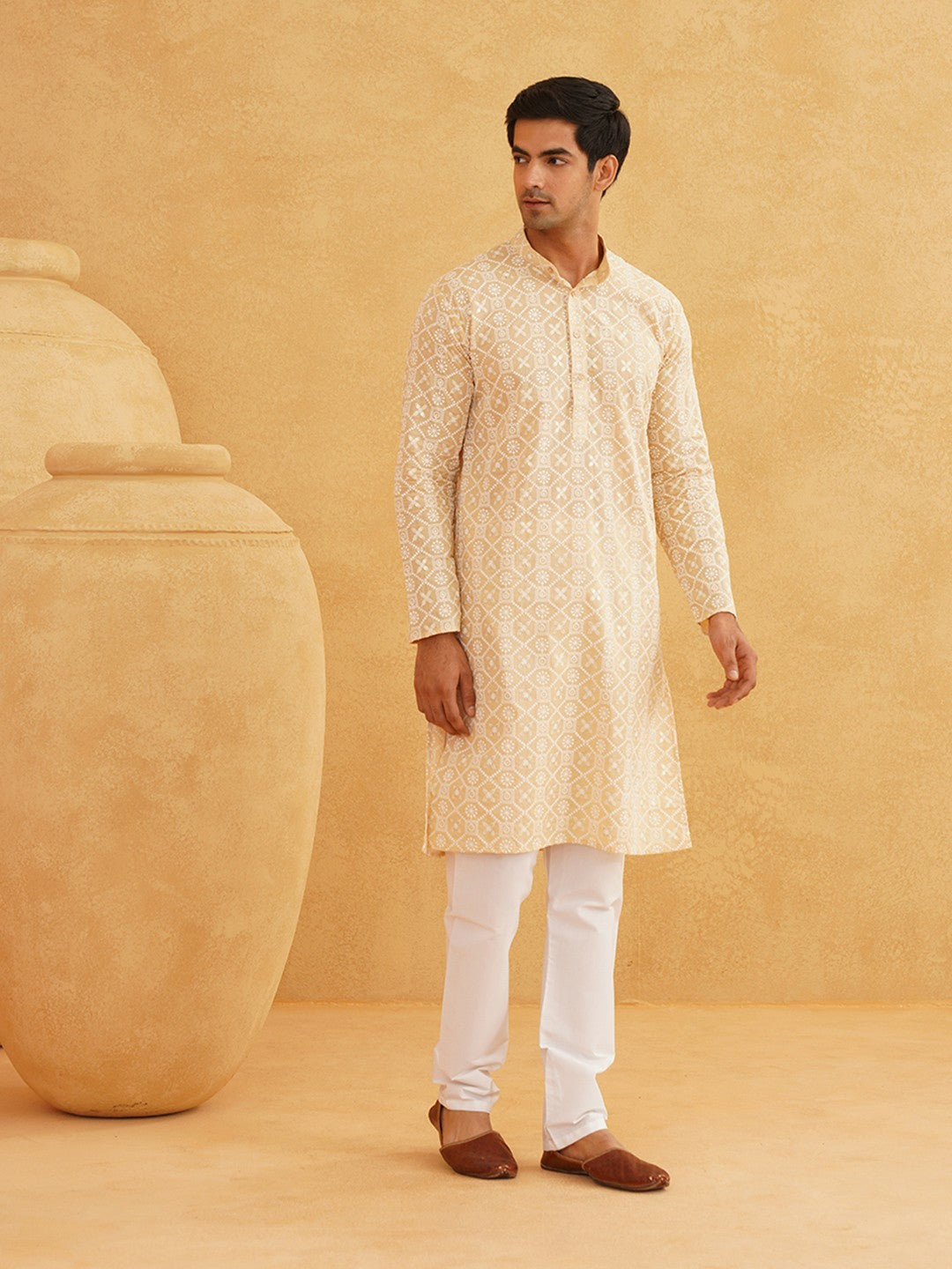 Men's Beige Band Collar Cotton Kurta with Ethnic Motifs & Embroidered Thread Work | Indiaista