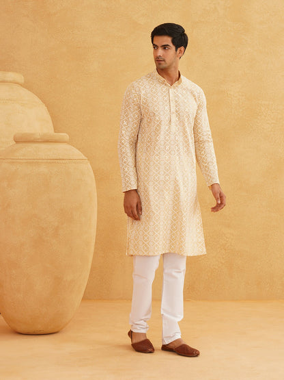 Men's Beige Band Collar Cotton Kurta with Ethnic Motifs & Embroidered Thread Work | Indiaista