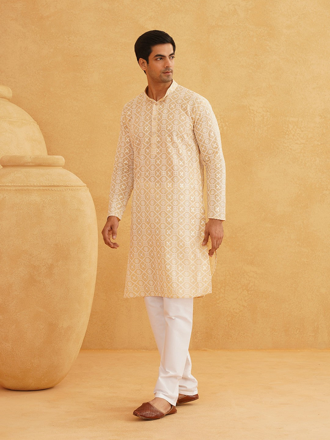 Men's Beige Band Collar Cotton Kurta with Ethnic Motifs & Embroidered Thread Work | Indiaista