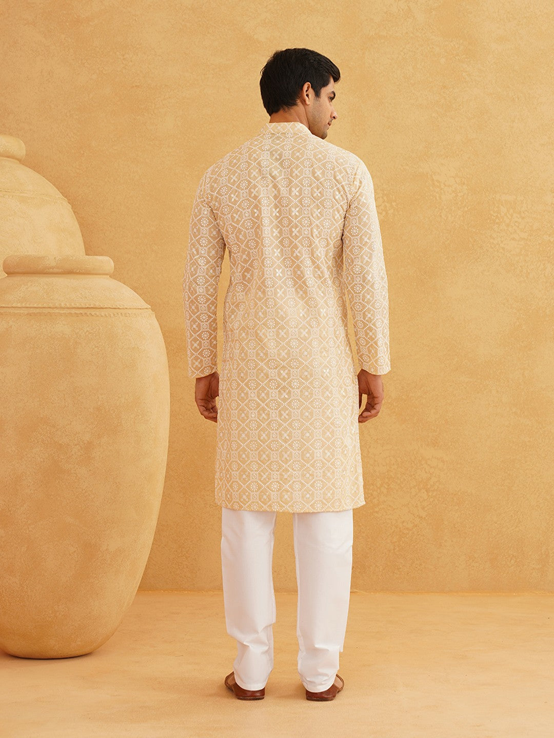 Men's Beige Band Collar Cotton Kurta with Ethnic Motifs & Embroidered Thread Work | Indiaista