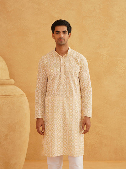 Men's Beige Band Collar Cotton Kurta with Ethnic Motifs & Embroidered Thread Work | Indiaista