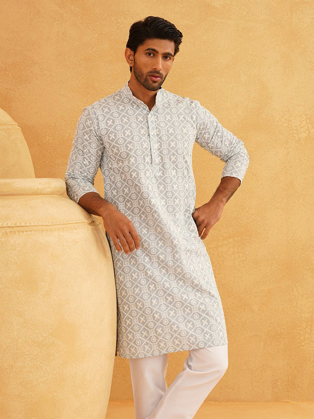 Men’s Grey Ethnic Embroidered Kurta – Band Collar, Thread Work, Cotton | Indiaista