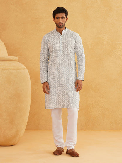 Men’s Grey Ethnic Embroidered Kurta – Band Collar, Thread Work, Cotton | Indiaista