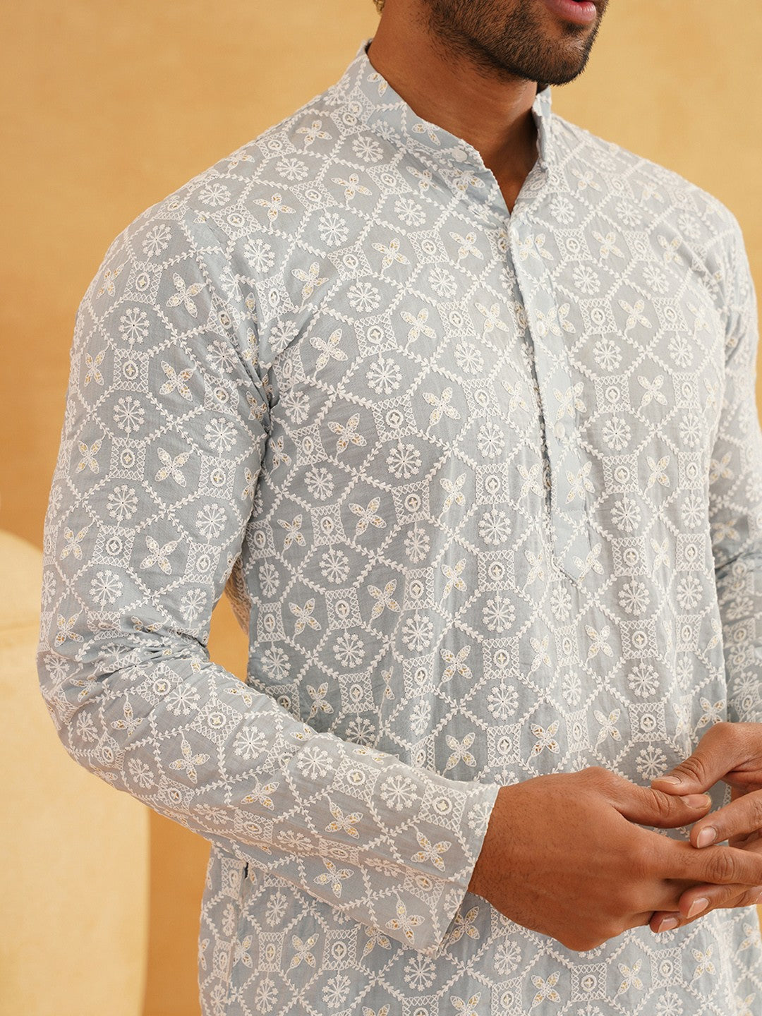 Men’s Grey Ethnic Embroidered Kurta – Band Collar, Thread Work, Cotton | Indiaista