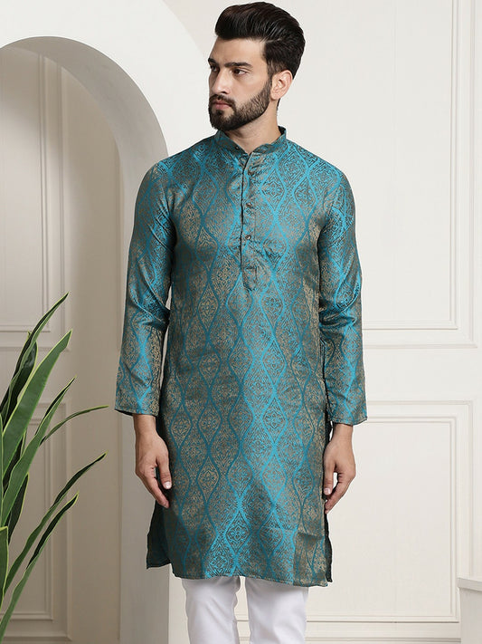 Men’s Teal Blue & Golden Jacquard Silk Kurta – Ethnic Motifs, Mandarin Collar, Knee Length | Indiaista