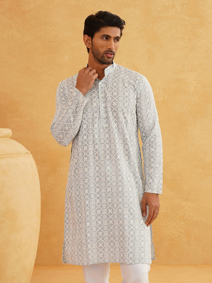 Men’s Grey Ethnic Embroidered Kurta – Band Collar, Thread Work, Cotton | Indiaista