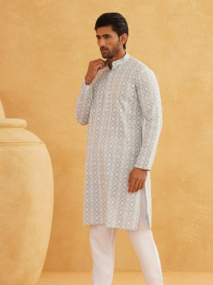 Men’s Grey Ethnic Embroidered Kurta – Band Collar, Thread Work, Cotton | Indiaista