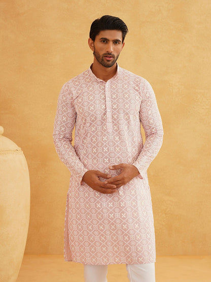 Men's Pink Band Collar Kurta with Ethnic Motifs Embroidered Thread Work – Cotton, Straight Fit | Indiaista