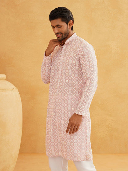 Men's Pink Band Collar Kurta with Ethnic Motifs Embroidered Thread Work – Cotton, Straight Fit | Indiaista