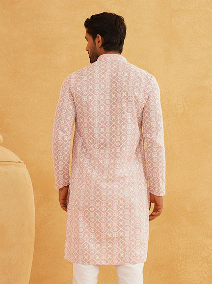 Men's Pink Band Collar Kurta with Ethnic Motifs Embroidered Thread Work – Cotton, Straight Fit | Indiaista