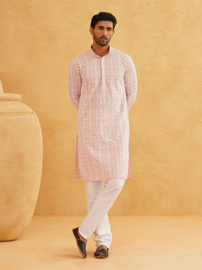 Men's Pink Band Collar Kurta with Ethnic Motifs Embroidered Thread Work – Cotton, Straight Fit | Indiaista