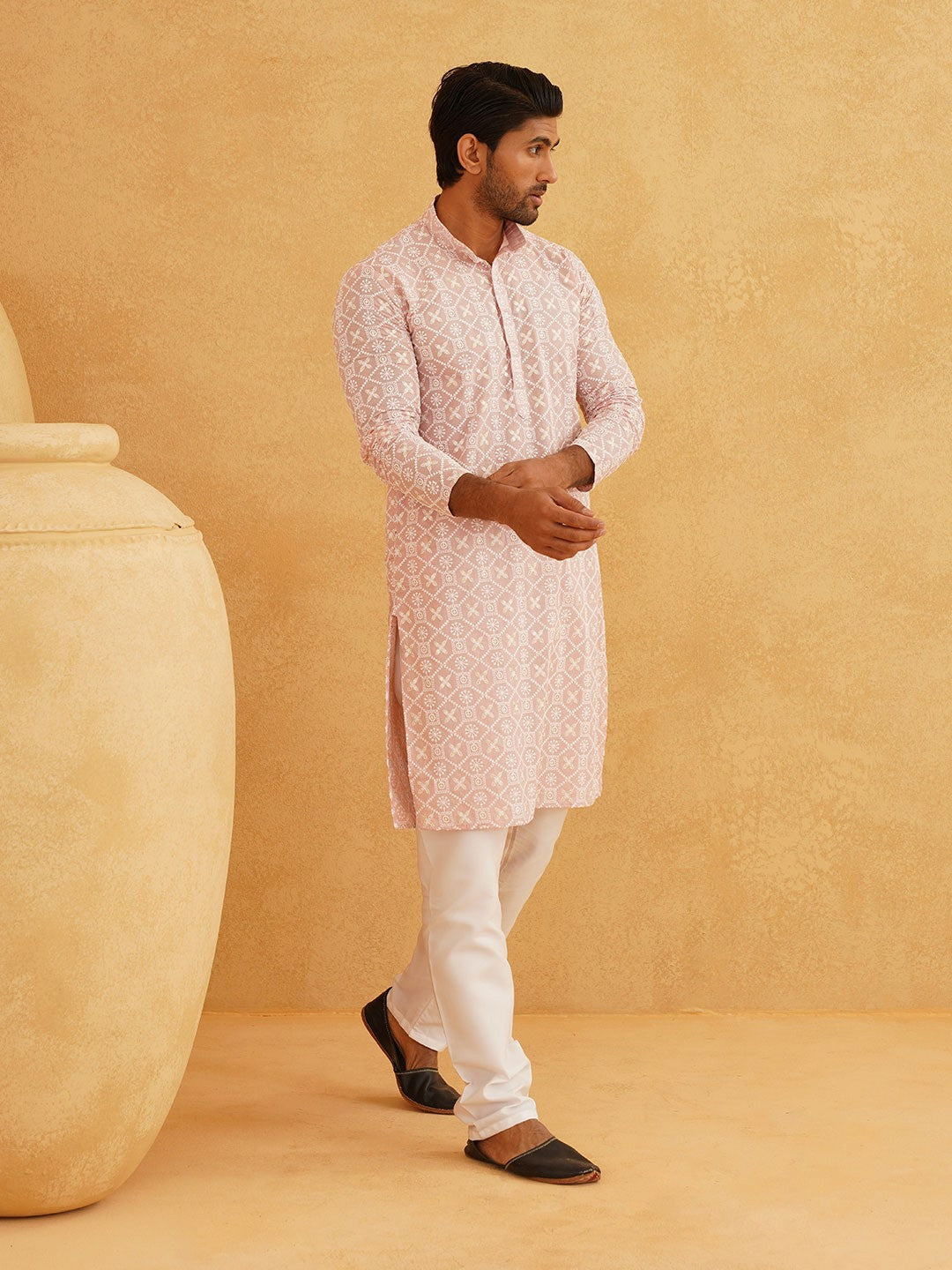 Men's Pink Band Collar Kurta with Ethnic Motifs Embroidered Thread Work – Cotton, Straight Fit | Indiaista