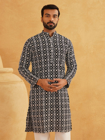 Black Geometric Printed Men's Kurta – Mandarin Collar, Thread Work Detail, Regular Cotton | Indiaista