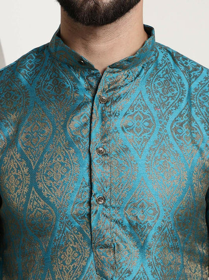 Men’s Teal Blue & Golden Jacquard Silk Kurta – Ethnic Motifs, Mandarin Collar, Knee Length | Indiaista