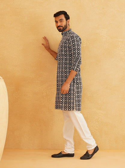 Black Geometric Printed Men's Kurta – Mandarin Collar, Thread Work Detail, Regular Cotton | Indiaista