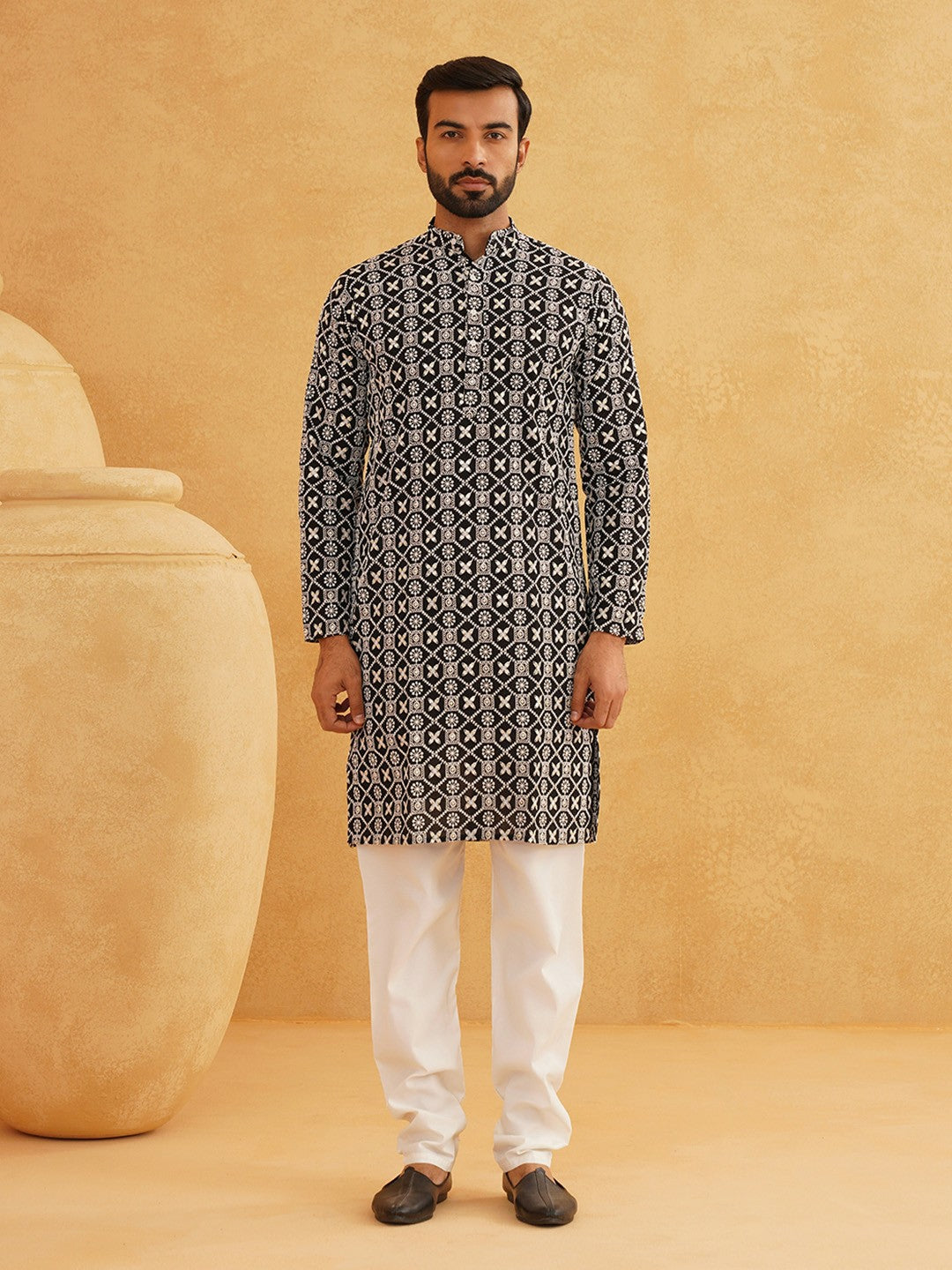 Black Geometric Printed Men's Kurta – Mandarin Collar, Thread Work Detail, Regular Cotton | Indiaista