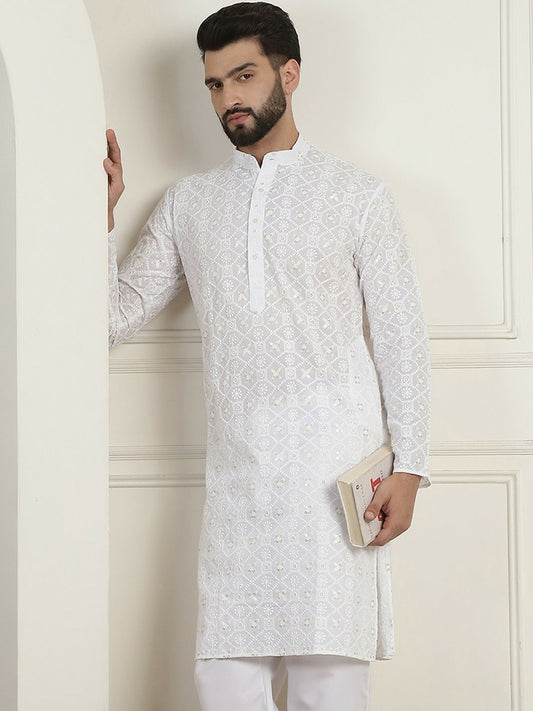 Men's White Ethnic Motifs Embroidered Kurta with Mandarin Collar & Sequins – Pure Cotton, Knee-Length | Indiaista