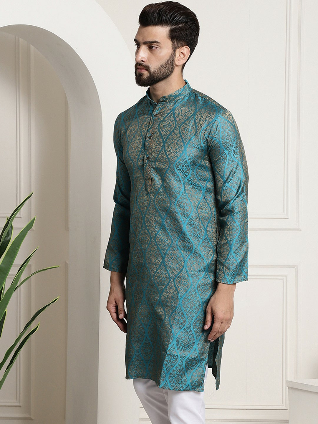 Men’s Teal Blue & Golden Jacquard Silk Kurta – Ethnic Motifs, Mandarin Collar, Knee Length | Indiaista