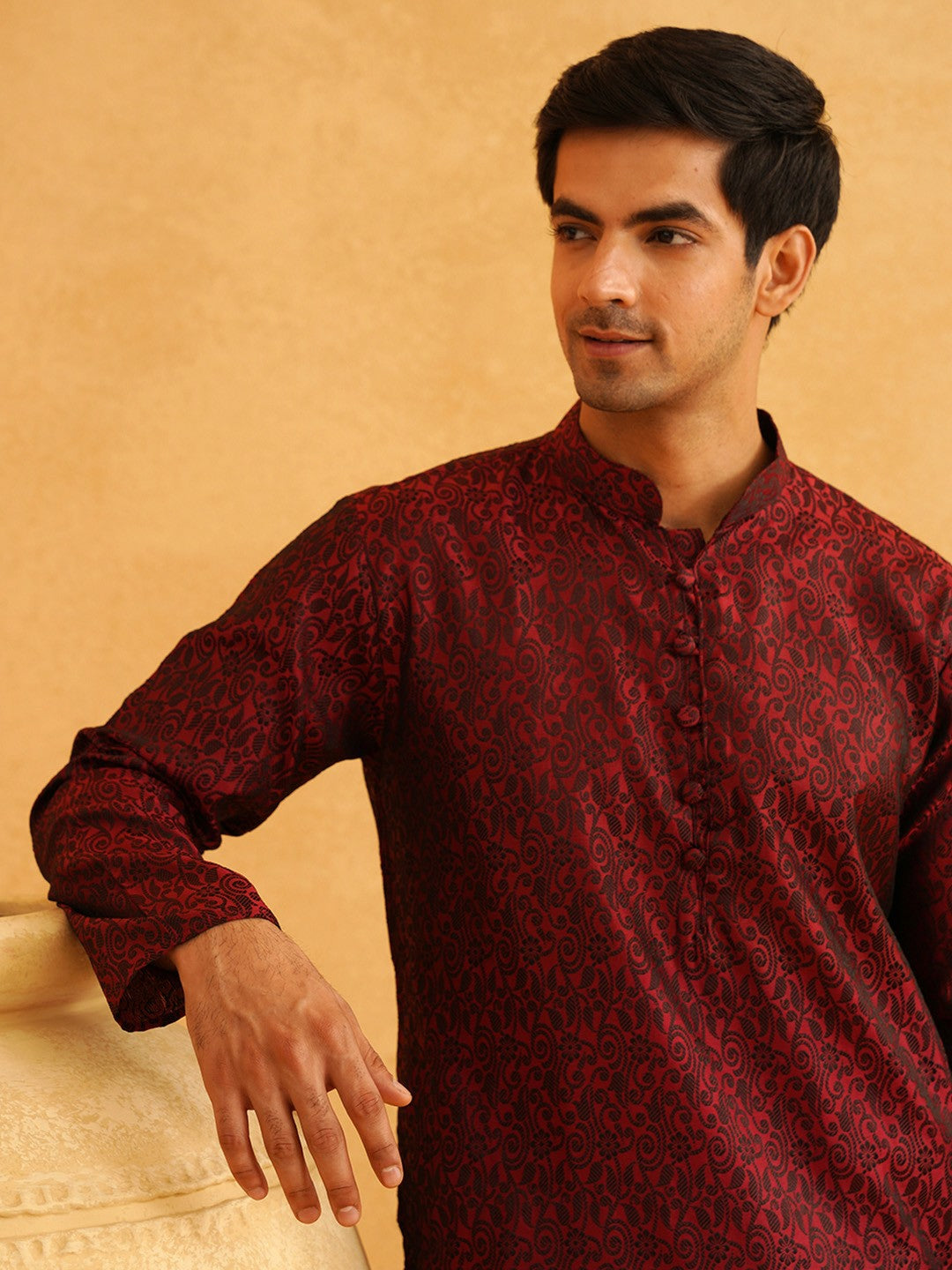 Men's Maroon & Black Ethnic Kurta with Motif Woven Design – Mandarin Collar, Straight Shape | Indiaista