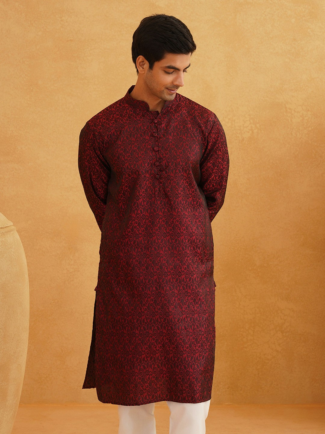 Men's Maroon & Black Ethnic Kurta with Motif Woven Design – Mandarin Collar, Straight Shape | Indiaista