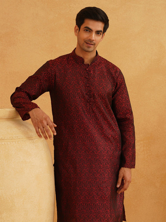 Men's Maroon & Black Ethnic Kurta with Motif Woven Design – Mandarin Collar, Straight Shape | Indiaista