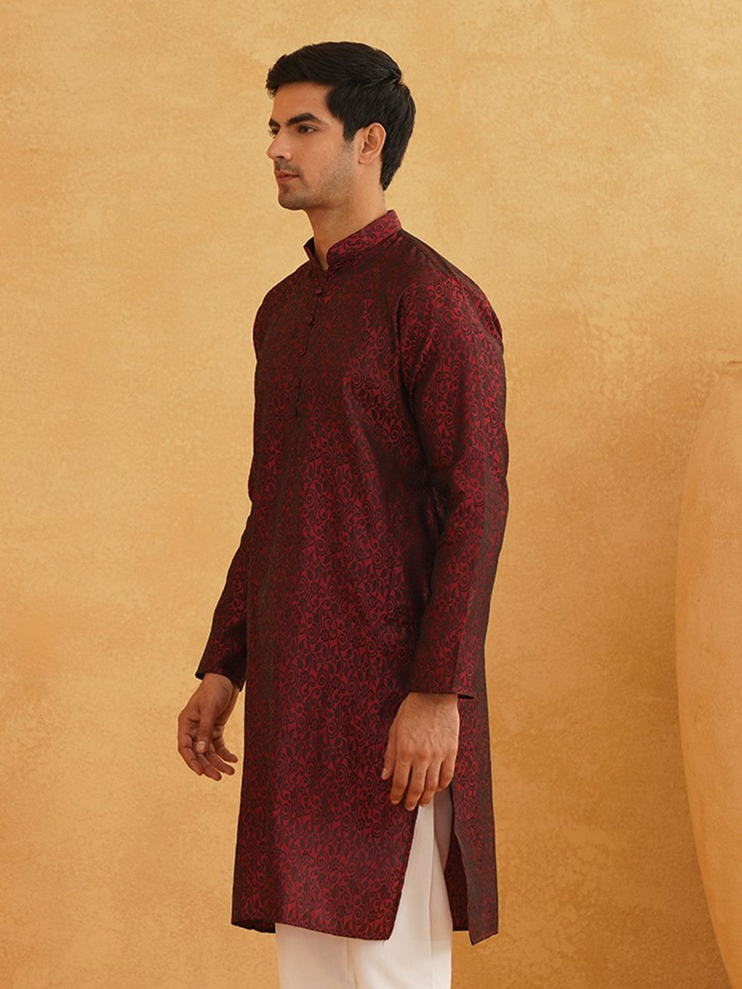 Men's Maroon & Black Ethnic Kurta with Motif Woven Design – Mandarin Collar, Straight Shape | Indiaista