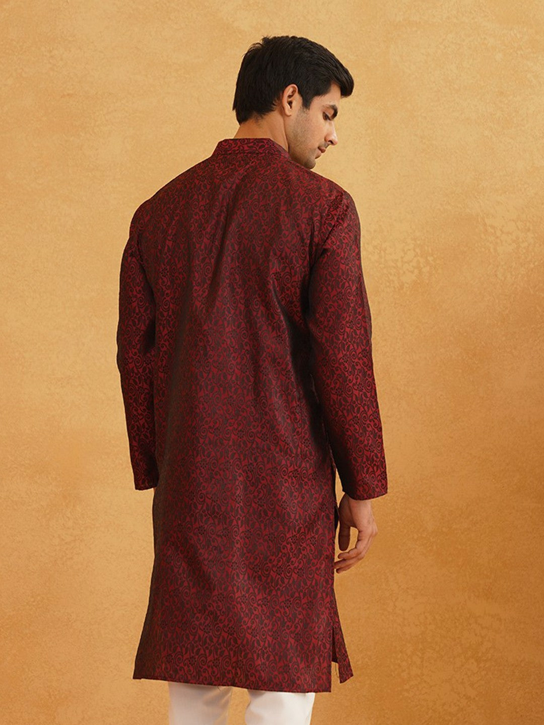 Men's Maroon & Black Ethnic Kurta with Motif Woven Design – Mandarin Collar, Straight Shape | Indiaista