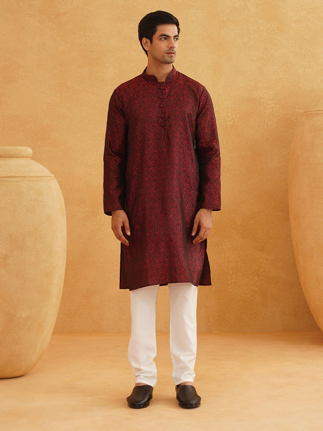 Men's Maroon & Black Ethnic Kurta with Motif Woven Design – Mandarin Collar, Straight Shape | Indiaista