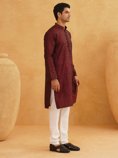 Men's Maroon & Black Ethnic Kurta with Motif Woven Design – Mandarin Collar, Straight Shape | Indiaista