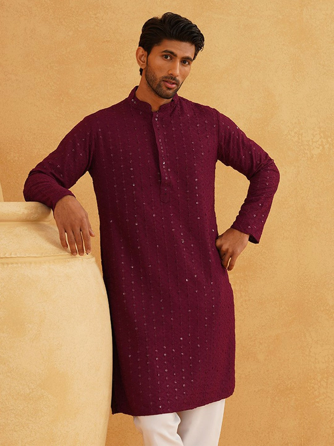 Purple Men’s Kurta – Mandarin Collar, Sequins Embellished, Pure Cotton, Above Knee Length | Indiaista