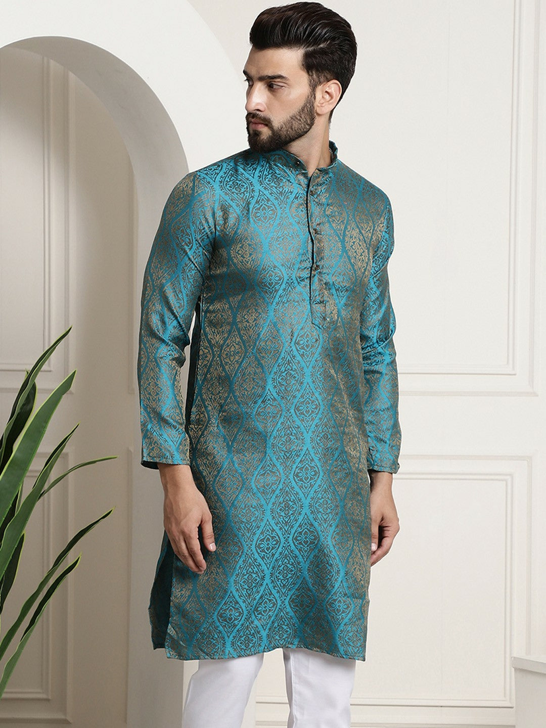 Men’s Teal Blue & Golden Jacquard Silk Kurta – Ethnic Motifs, Mandarin Collar, Knee Length | Indiaista