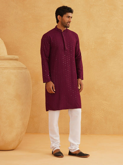 Purple Men’s Kurta – Mandarin Collar, Sequins Embellished, Pure Cotton, Above Knee Length | Indiaista