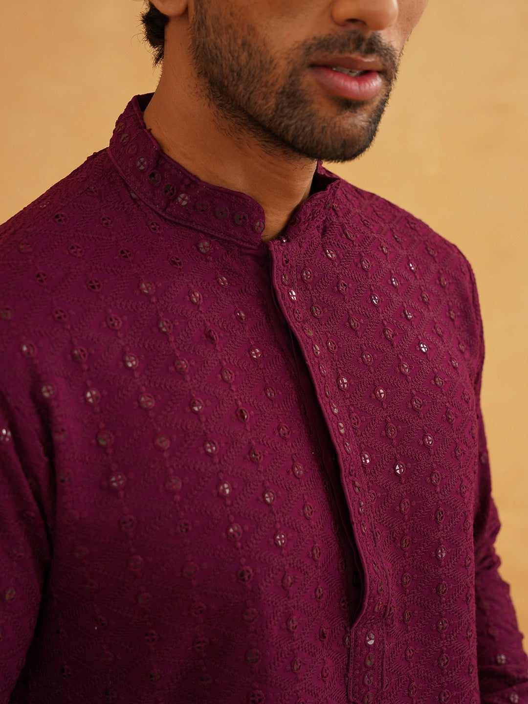 Purple Men’s Kurta – Mandarin Collar, Sequins Embellished, Pure Cotton, Above Knee Length | Indiaista