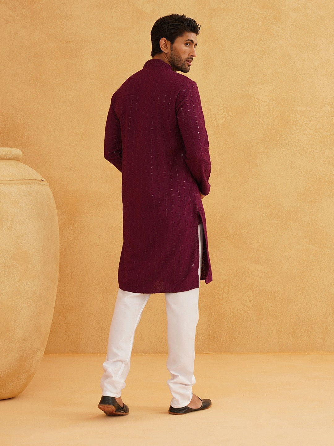 Purple Men’s Kurta – Mandarin Collar, Sequins Embellished, Pure Cotton, Above Knee Length | Indiaista