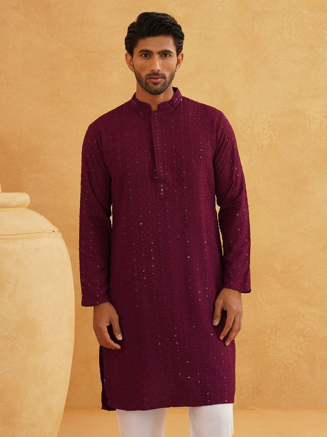 Purple Men’s Kurta – Mandarin Collar, Sequins Embellished, Pure Cotton, Above Knee Length | Indiaista