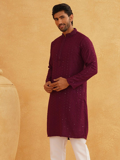 Purple Men’s Kurta – Mandarin Collar, Sequins Embellished, Pure Cotton, Above Knee Length | Indiaista