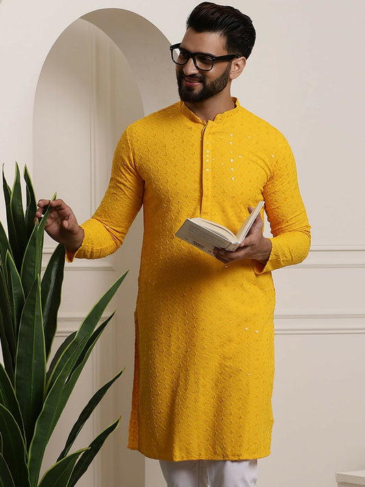 Mustard Yellow Men’s Ethnic Kurta with Embroidered Motifs & Sequins – Mandarin Collar, Pure Cotton | Indiaista