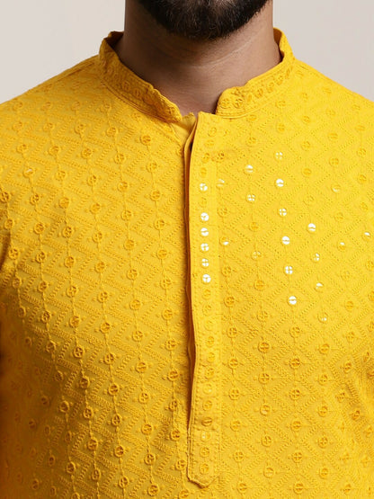 Mustard Yellow Men’s Ethnic Kurta with Embroidered Motifs & Sequins – Mandarin Collar, Pure Cotton | Indiaista