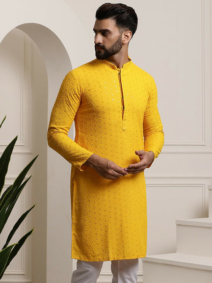 Mustard Yellow Men’s Ethnic Kurta with Embroidered Motifs & Sequins – Mandarin Collar, Pure Cotton | Indiaista