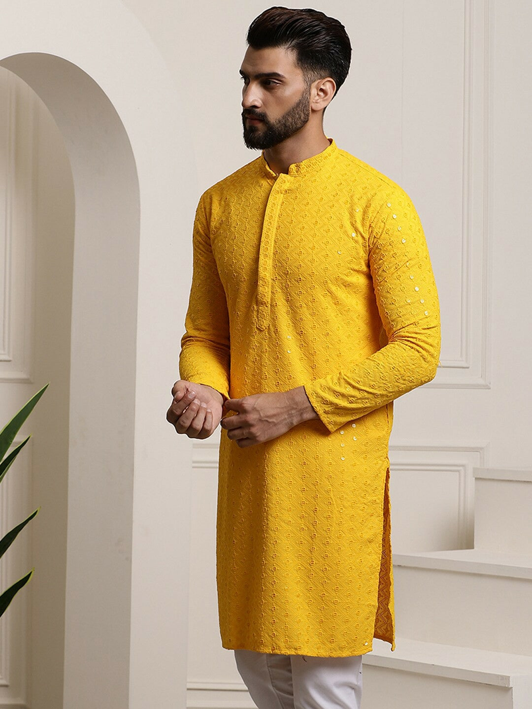 Mustard Yellow Men’s Ethnic Kurta with Embroidered Motifs & Sequins – Mandarin Collar, Pure Cotton | Indiaista