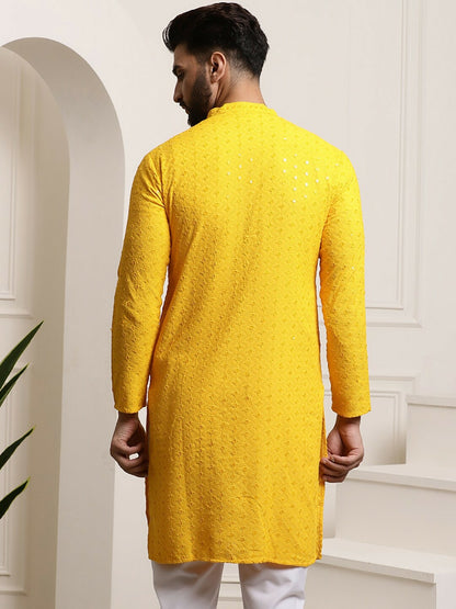 Mustard Yellow Men’s Ethnic Kurta with Embroidered Motifs & Sequins – Mandarin Collar, Pure Cotton | Indiaista