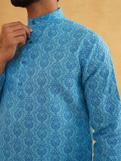 Men’s Blue & White Ethnic Motifs Printed Cotton Linen Kurta – Mandarin Collar, Knee-Length | Indiaista