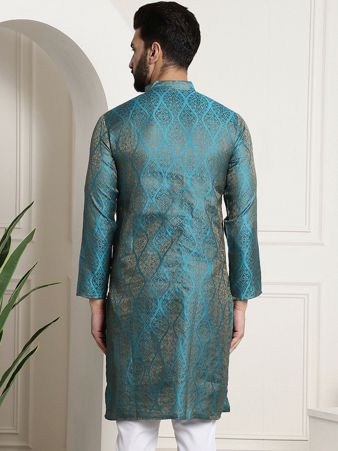 Men’s Teal Blue & Golden Jacquard Silk Kurta – Ethnic Motifs, Mandarin Collar, Knee Length | Indiaista