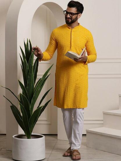 Mustard Yellow Men’s Ethnic Kurta with Embroidered Motifs & Sequins – Mandarin Collar, Pure Cotton | Indiaista