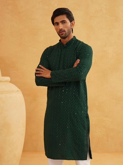 Green Men’s Ethnic Motifs Embroidered Kurta – Mandarin Collar, Sequined Detail, Pure Cotton | Indiaista