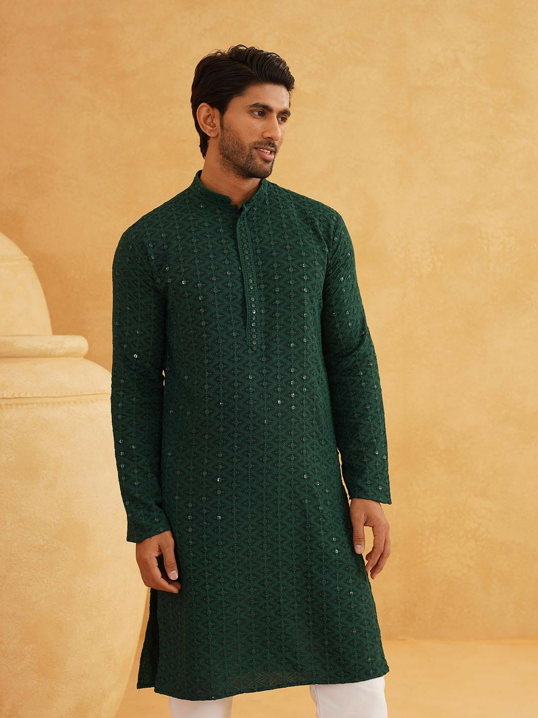 Green Men’s Ethnic Motifs Embroidered Kurta – Mandarin Collar, Sequined Detail, Pure Cotton | Indiaista