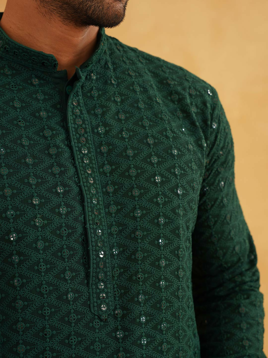 Green Men’s Ethnic Motifs Embroidered Kurta – Mandarin Collar, Sequined Detail, Pure Cotton | Indiaista