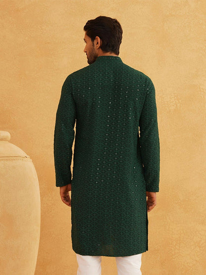 Green Men’s Ethnic Motifs Embroidered Kurta – Mandarin Collar, Sequined Detail, Pure Cotton | Indiaista