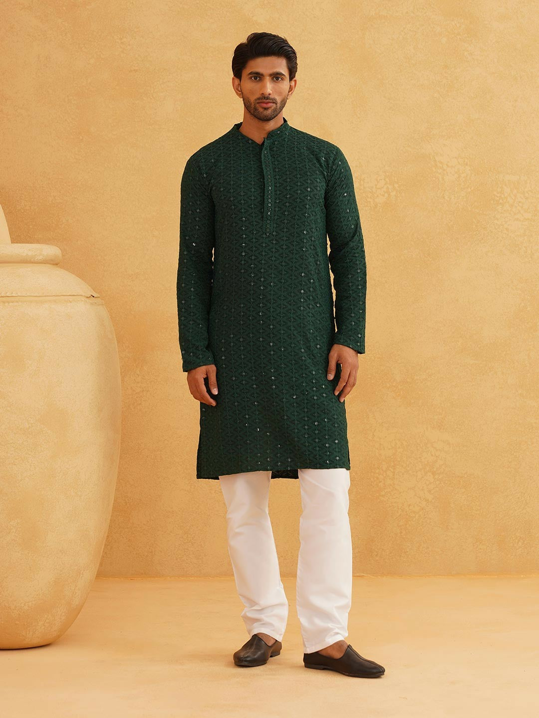 Green Men’s Ethnic Motifs Embroidered Kurta – Mandarin Collar, Sequined Detail, Pure Cotton | Indiaista